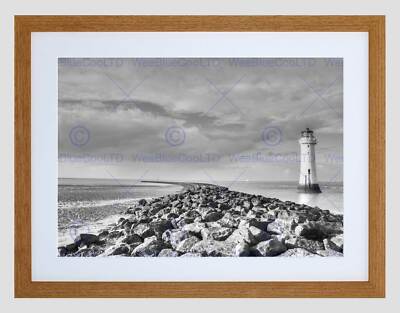 LIGHTHOUSE BLACK AND WHITE JETTTY WHARF SEASCAPE FRAMED ART PRINT MOUNT B12X8762