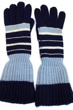 VTG 40s Hand Knit Kids Gloves Striped Blue Navy Ecru Wool Gauntlet Cuffs