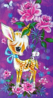 Handmade 5x10 Vintage Retro 70's Deer & Mouse Purple Craft Cotton Fabric Block