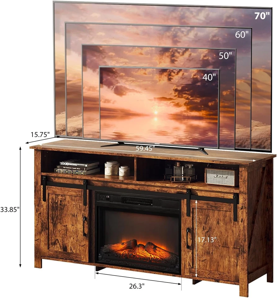 Electric Fireplace TV Stand for 70 Inch TVs, Farmhouse Console Table with Doors - Image 4 of 4