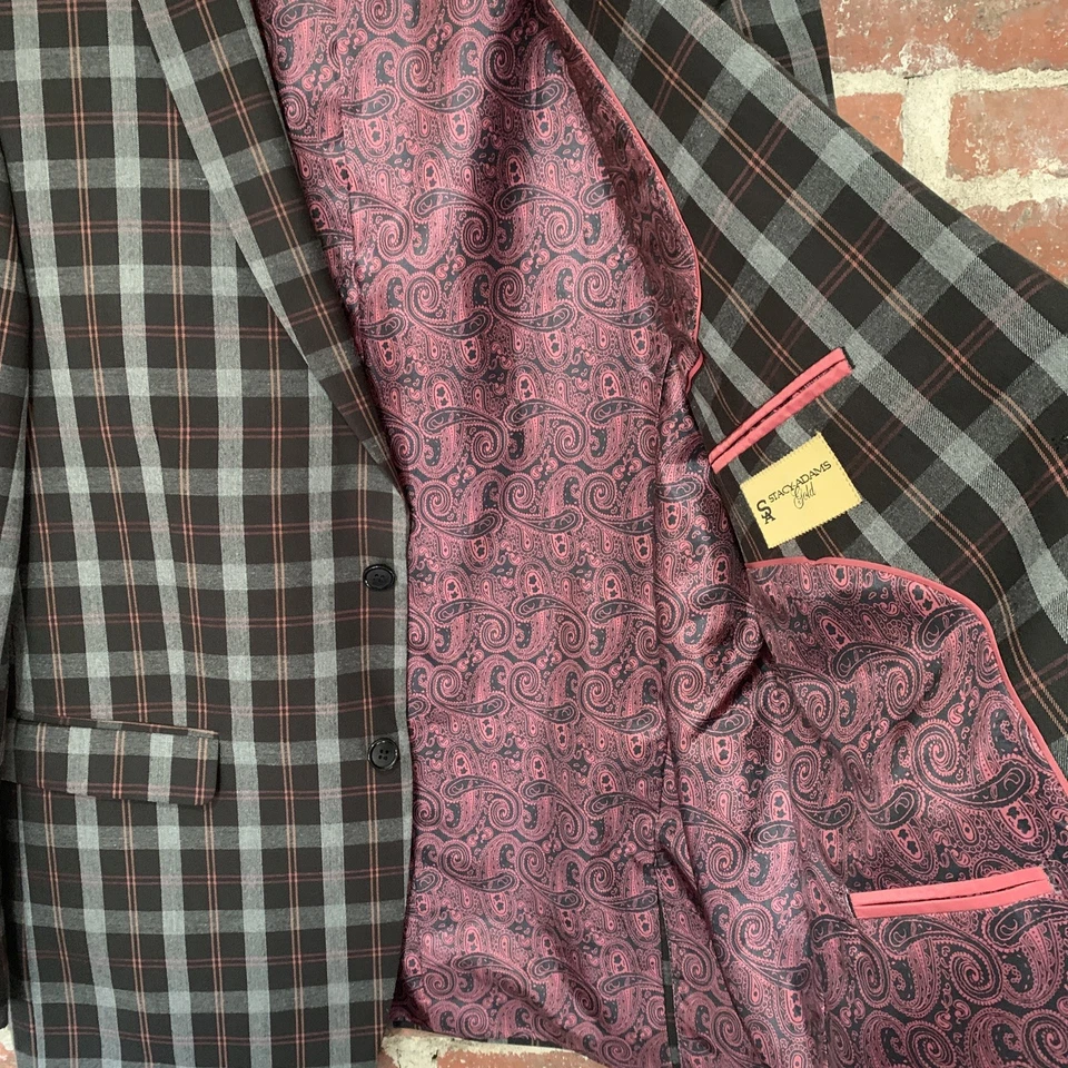 Stacy Adams Gold Plaid Grey Purple 2 Button Blazer. Measurements In Description - image 4 of 4