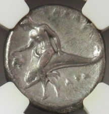 c. 302- 280 BC SILVER CALABRIA, TARAS BOY ON DOLPHIN DIDRACHM COIN NGC CHOICE VF