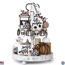 19 Pcs Rustic Fall Tiered Tray Decor Set for Autumn Thanksgiving Home Decor