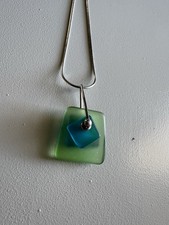 925 Sterling Silver Blue Green Sea Glass Pendant Necklace 16" Italy 925 Chain