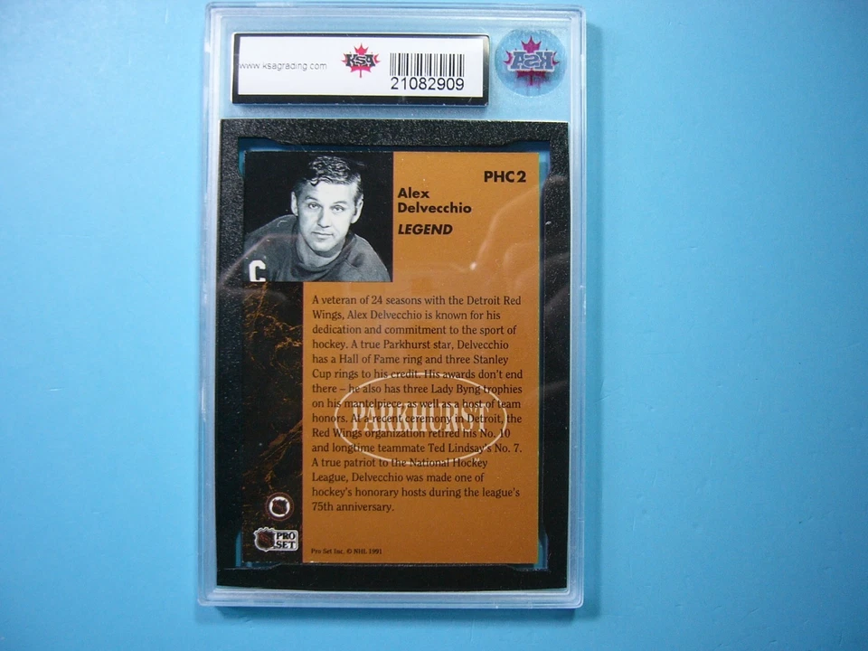 1991/92 PARKHURST NHL HOCKEY CARD #PHC2 ALEX DELVECCHIO LEGEND KSA 10 GEM MINT - Image 2 of 4