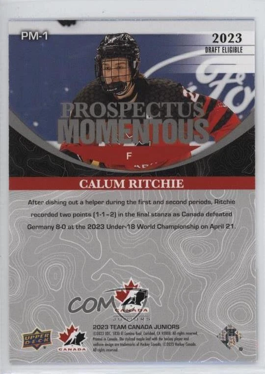 2023 Team Canada Juniors Prospectus Momentous Electric Orange /75 Calum Ritchie - Image 2 of 2