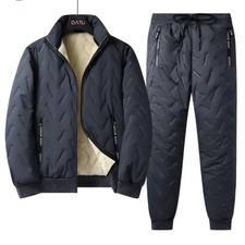 Mens Fleece Lined Tracksuit Set Black Puffer Jacket and Joggers 2 Piece