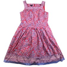 Talbots Dress Womens 10P Petite Red Blue Square Neck Midi Pleated Paisley