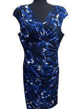 Lauren Ralph Lauren Blue Black Abstract Print Ruched Wrap Dress Cap Sleeve Size
