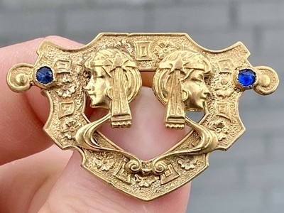 Vtg Art Nouveau Brooch Egyptian Revival Gemini? Twins Gold Tone Rose Cut Stones