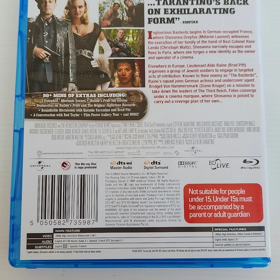 Inglorious Basterds (2009, Blu Ray) Mint Disc - image 4 of 4