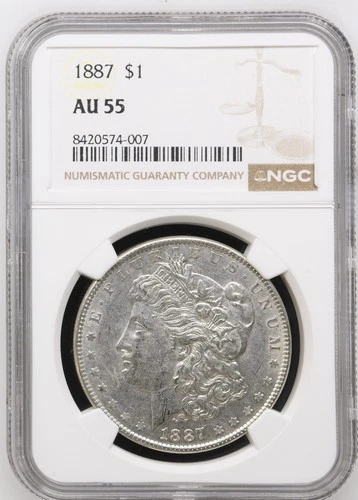 1887 MORGAN DOLLAR NGC ALMOST UNCIRCULATED AU 55 COIN IS 90% SILVER BETTER