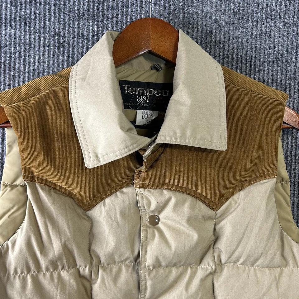 Chaleco acolchado vintage para hombre pequeño plumón de ganso occidental marrón tostado hecho en EE. UU. Foto 3 de 4