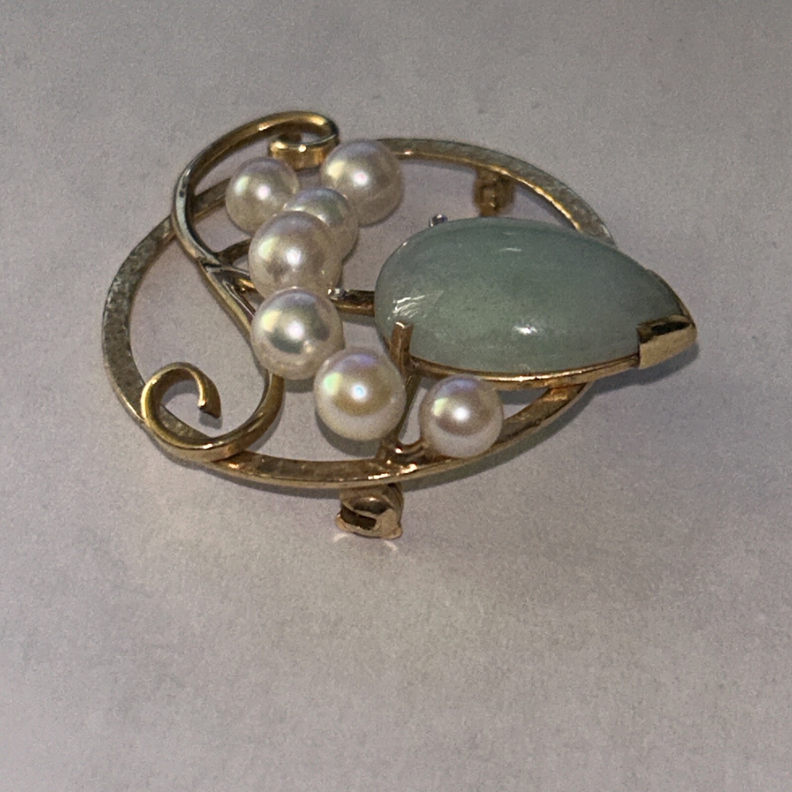 MING'S HAWAII JADE PEARL LEAF BROOCH PIN 14K YELLOW GOLD MINGS JEWELRY