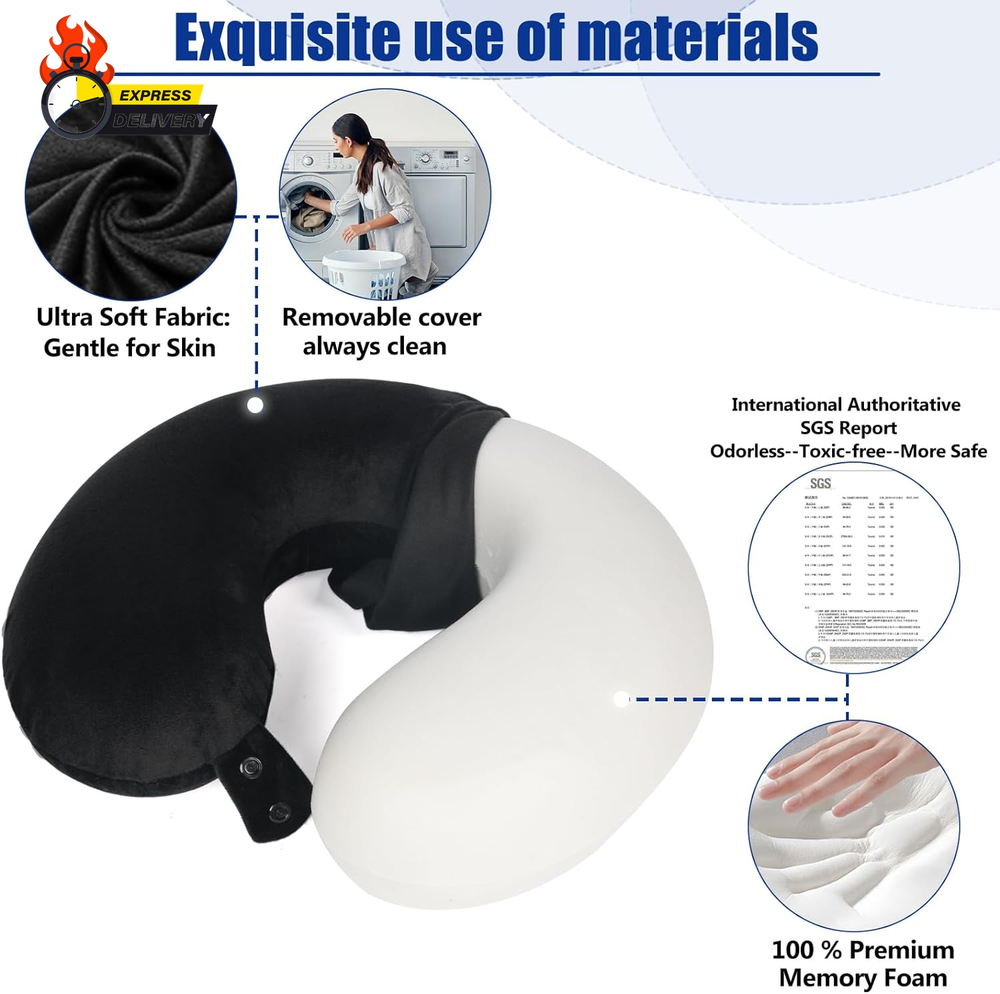 Ultra-Comfy 100% Memory Foam Travel Neck Pillow for Airplanes & Trips