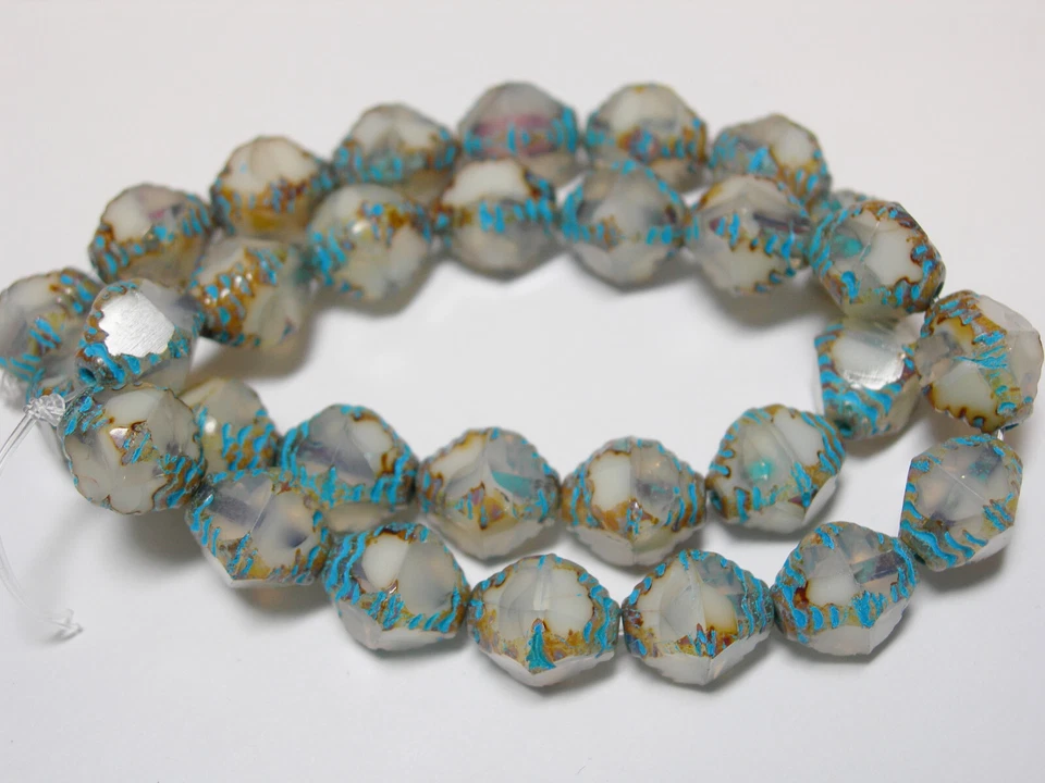 15 10x8mm Czech Glass Antique White Turquoise Picasso Bicone Beads - Image 2 of 4