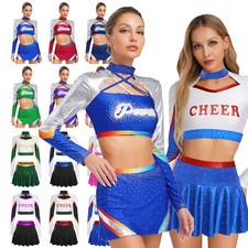 US Women's Cheerleading Outfit Long Sleeve Crop Top A -line Miniskirt Costume