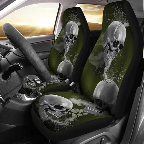 Sugar Skull Skeleton - Set of 2 Universal Front Car Seat Covers Protection
