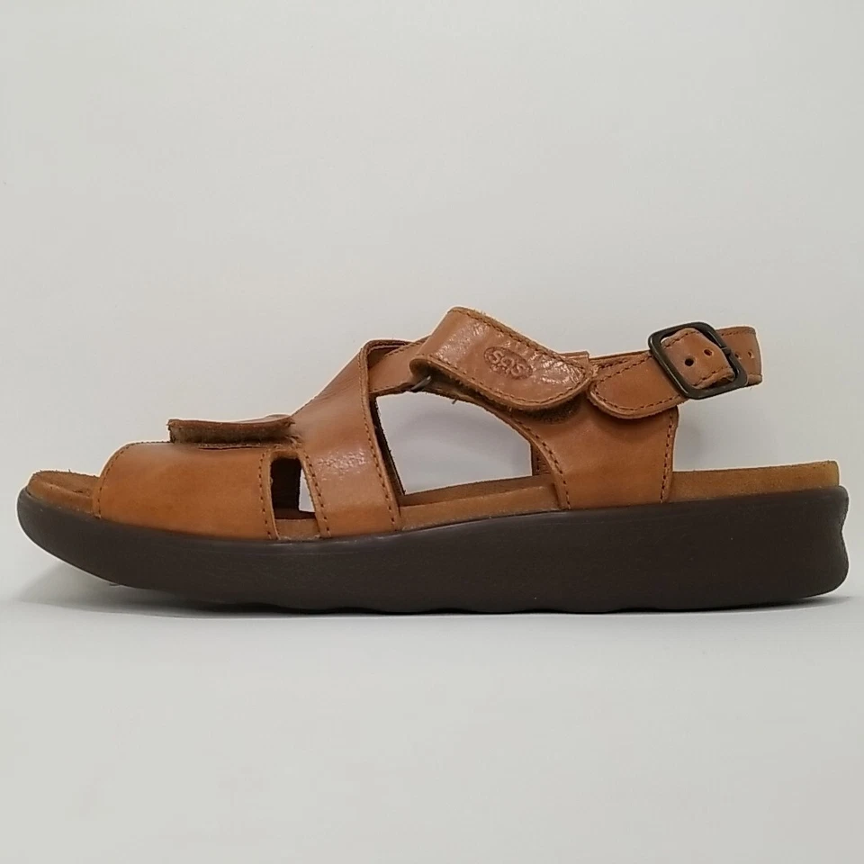 SAS Huggy Cross Strap Leather Walking Sandals Women sz 9.5 Narrow Caramel Brown - Image 3 of 4
