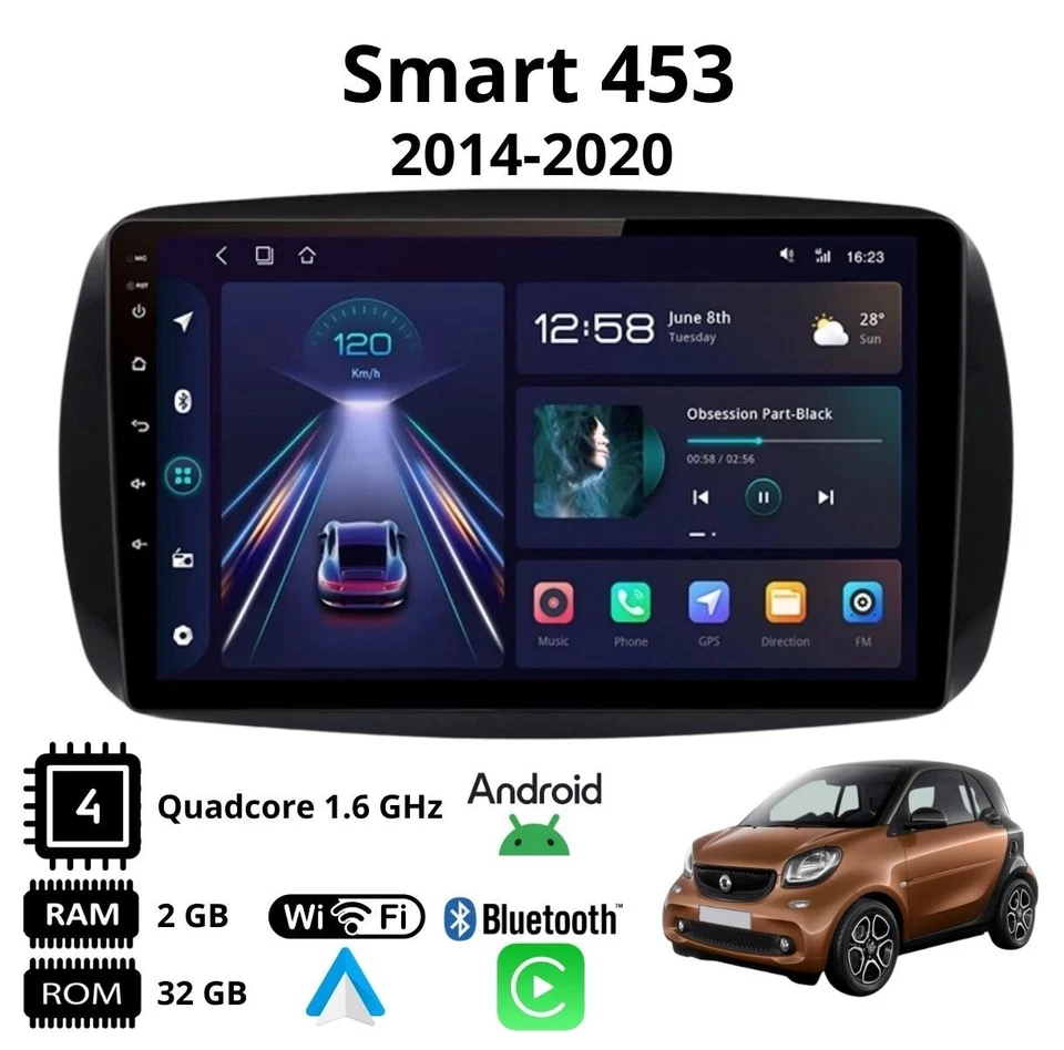 Autoradio 9" Android 13 CarPlay GPS Plug&Play Smart 453 Fortwo/Forfour 2014-23 - Immagine 2 di 4