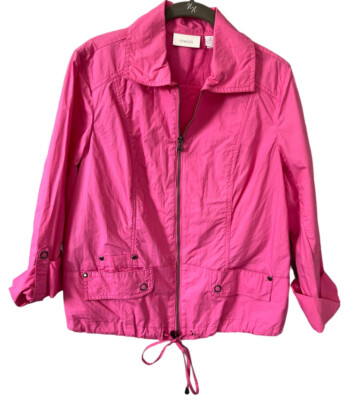 Chicos M/8 Shirt Jacket Pink Roll Tab Sleeves Full Zip Flap Pockets