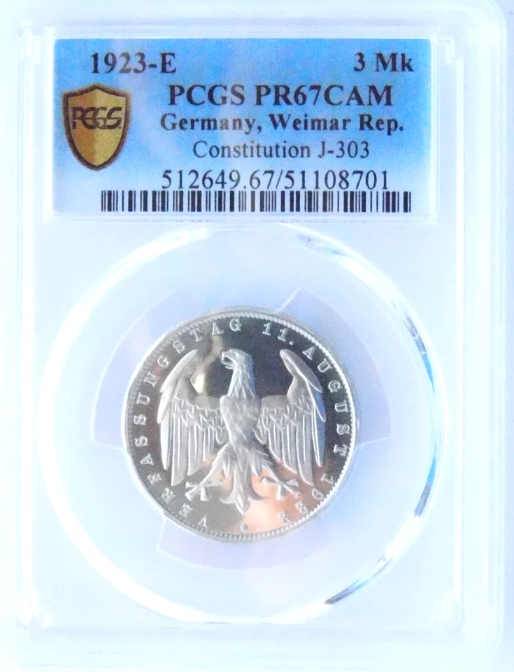 PCGS PR67 CAM 3 Mark 1923 E Germany Weimar Republic J-303 Coin Inflation Mk - Image 3 of 4