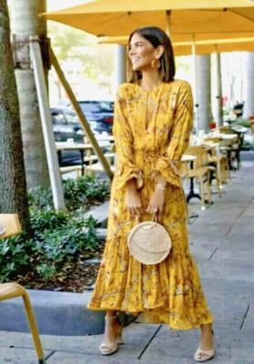 H&M JOHANNA ORTIZ YELLOW FLORAL LONG MIDI MAXI RUFFLE CREPE DRESS
