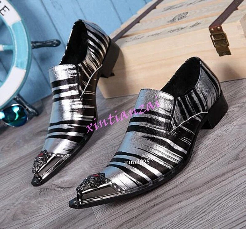 Hombres Puntera de Metal Punta Cuero Vestido Ropa de Club Zapatos Rayas Mocasines Británicos Talla Grande Foto 3 de 4