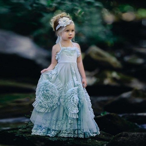 Blue Crystal Flower Girl Dress Princess Birthday Pageant Gown Dance Prom Formal - Picture 4 of 8