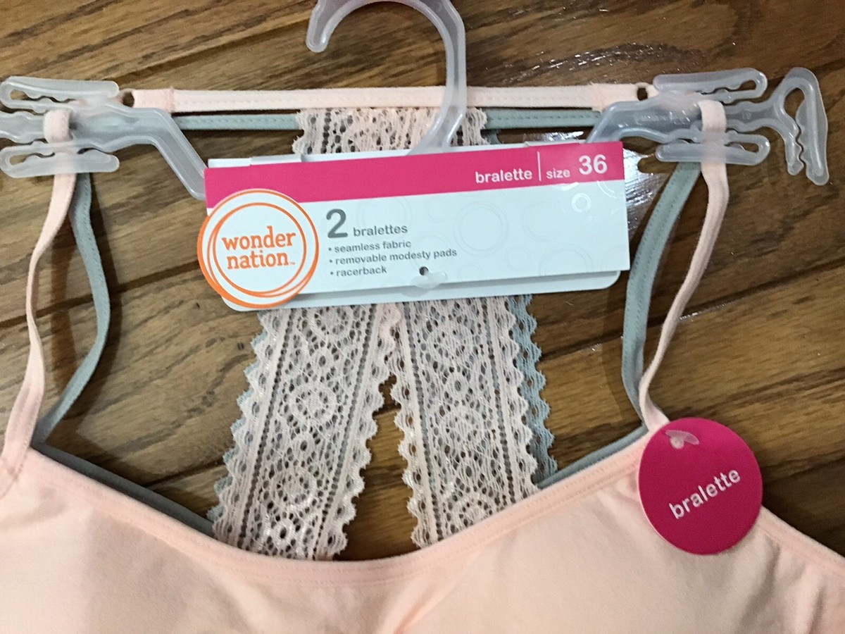 NEW Girls Wonder Nation PL139 2 Pack Beginner Bras 36 Peach Gray LaceCotton  (A7