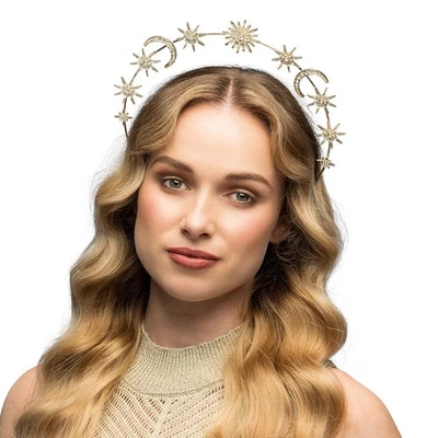 Diadem Halo-Krone Gold mit Strass Tiara Sonne Mond Sterne Heiligenschein - Bild 1 von 4