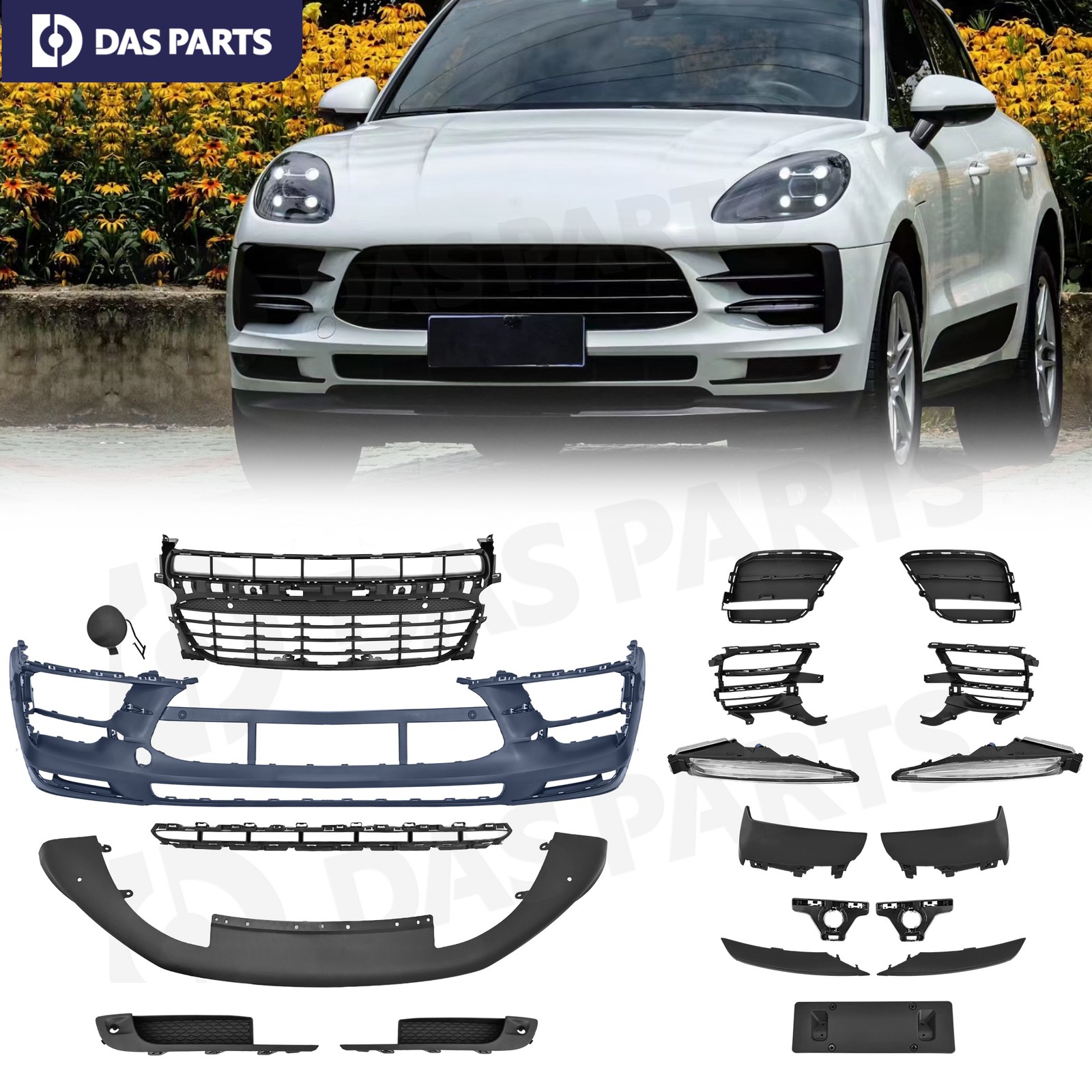 Primed Front Bumper Grille W/o ACC For 2019-22 Porsche Macan W/light Spoiler Kit