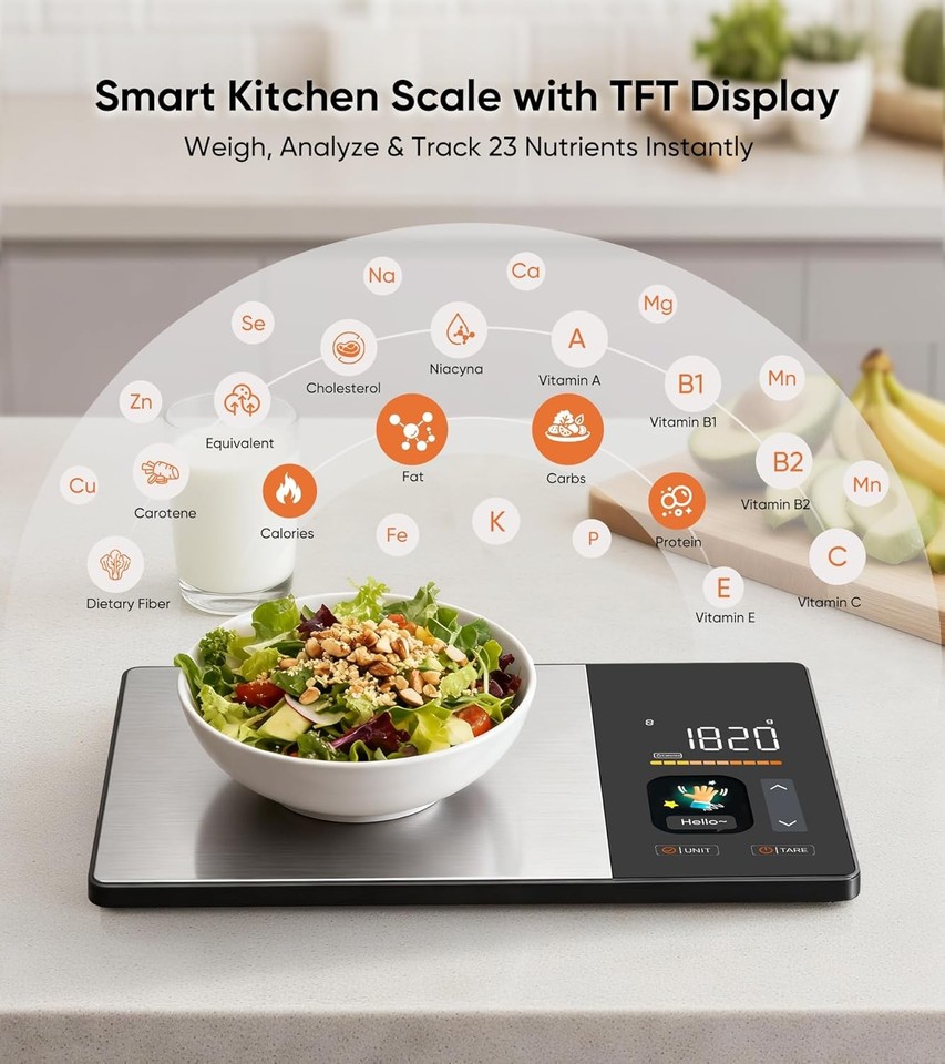Smart Nutrition Food Scale with TFT Display, Tracks Calories, Fat ...
