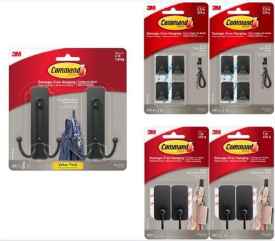 Command Brand 3M Black Decorating Hanging Hooks Damage-Free Easy Removal-Various