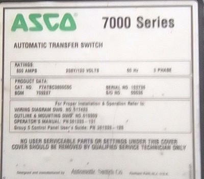 ASCO 7000 Series Automatic Transfer Switch 800 Amps 208y/120 Volts 3Ph 3W 4W
