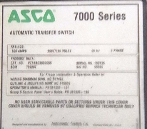 ASCO 7000 Series Automatic Transfer Switch 800 Amps 208y/120 Volts 3Ph 3W 4W