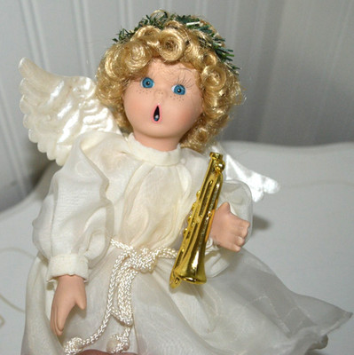 VTG PORCELAIN ANGEL SINGING FABRIC WHITE GOWN CHRISTMAS ORNAMENT TRUMPET RIBBON