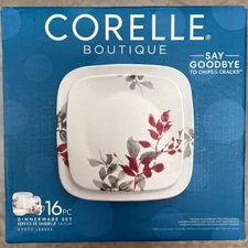 New Corelle Boutique Kyoto Leaves 16-Piece Squared Dinnerware Set 1101078