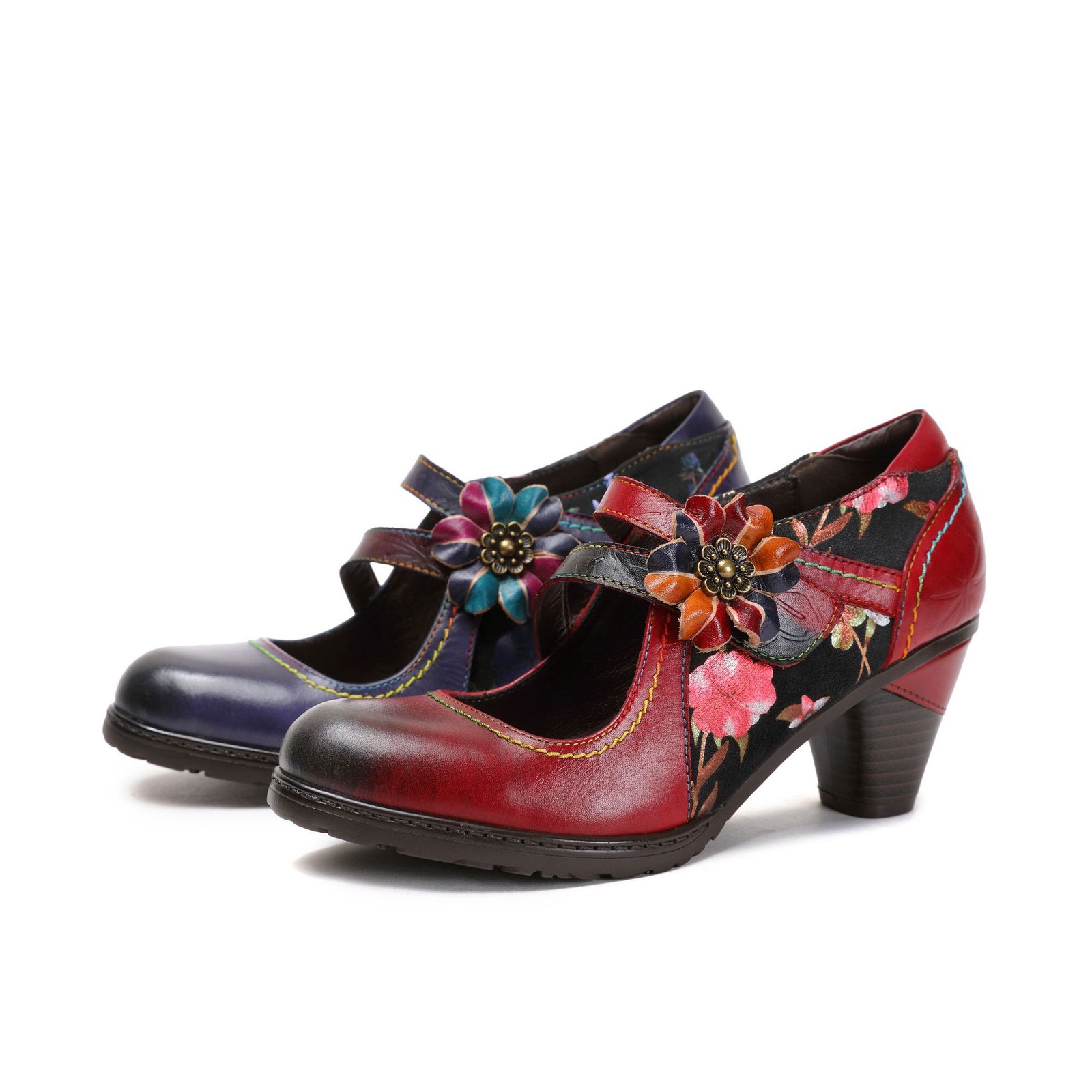 Retro Butterfly Leather Flower Womens Shoes Red High Heels Fashion Ethnic Shoes