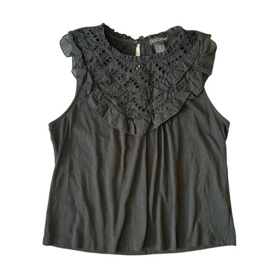 #ad Design 365 Eyelet Ruffle High Neck Black Tank Top Womens XL Cotton amp; Modal $13.00