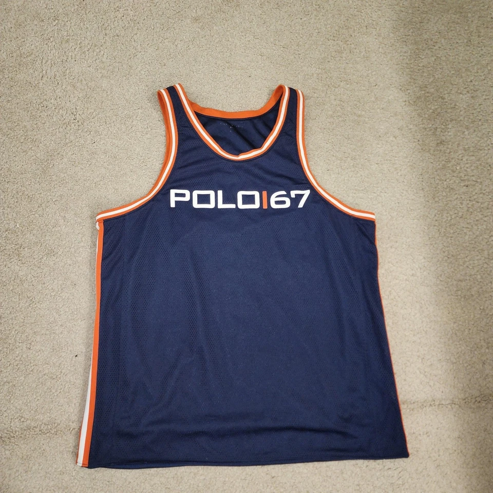 Camisa polo masculina regata Ralph Lauren grande laranja marinho POLO 67 malha basquete - Imagem 2 de 4