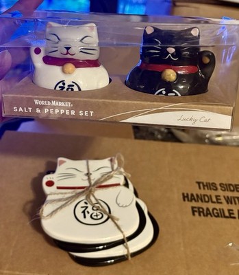 Lucky Cat Ceramic Salt & Pepper Shaker & 4 Coasters Set Waving Maneki-Neko Cats