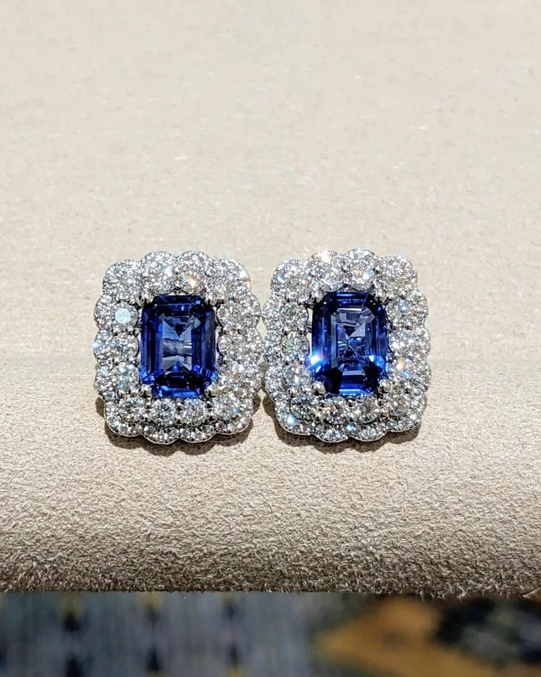 5.00 Ct Emerald Cut Natural Sapphire Earring 14k Solid White Gold Stud Earrings - Image 2 of 4