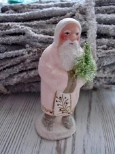 Hand painted  3 1/2" chalk ware  Santa created from Antique mold. Sparkly tree