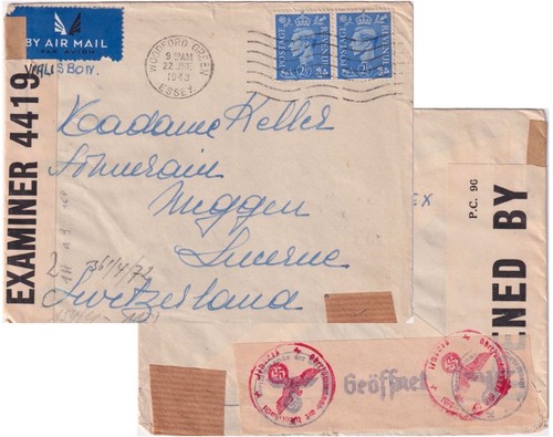 WW2 Woodford Green Essex Cover 1943 to Switzerland via Paris German Censored