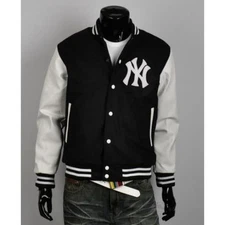 Men NY Yankees Black Wool Genuine Leather White Sleeves Letterman Varsity Jacket