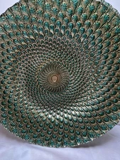 Decorative Art Glass Plate Peacock Feather Design Green Teal Gold 8.5"