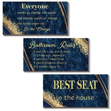3 Pieces Blue Gold Bathroom Decor Bathroom Rules Wall Art Best Seat in The Ho...
