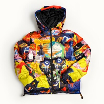 Tango Hotel Graffiti Skull Puffer Coat Men's Small Wearable Art