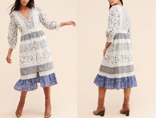Anthropologie Roberta Midi Dress Floral Prairie Boho Cottagecore Blue White 8 - Picture 20 of 21